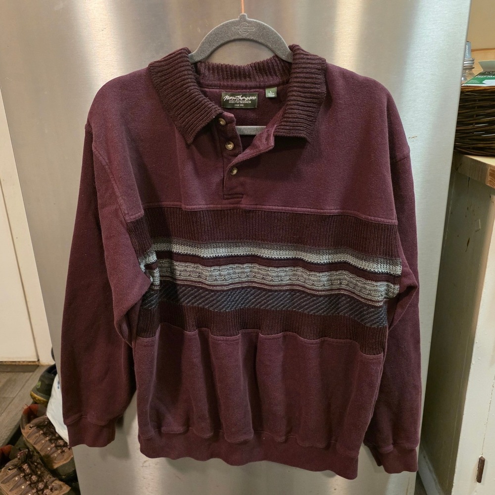 Norm Thompson Mens Large Pullover Sweatshirt Burgundy Mixed Knit Stripe NO6114